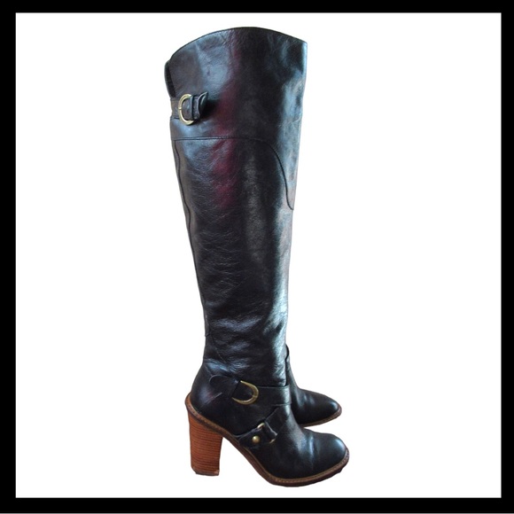 Boutique 9 Over The Knee Leather Boots Black Stacked Heel - Picture 9 of 12